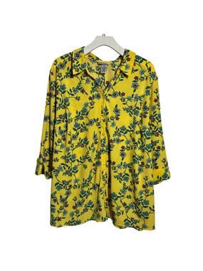 Catherines Plus Size Floral Blouse Top Women 2X‎ Yellow Button Up Spring Office
